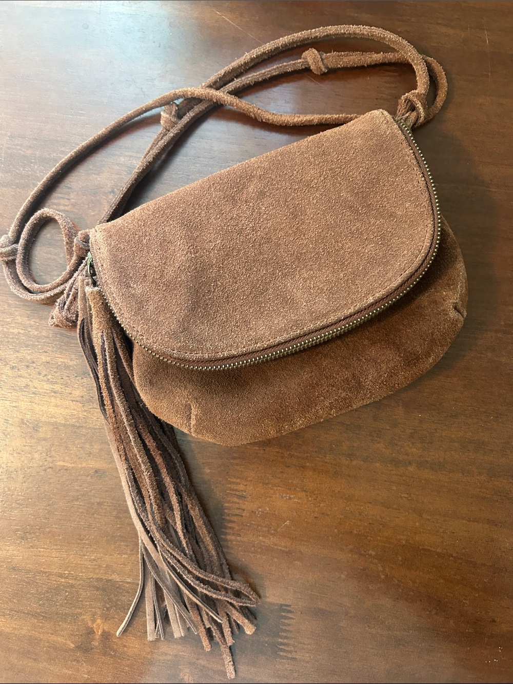 Kimchi Blue Brown Suede Crossbody with Tassel Fringe